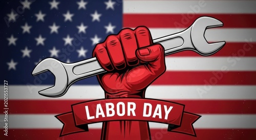 Labor day illustration fist holding wrenches with american flag background