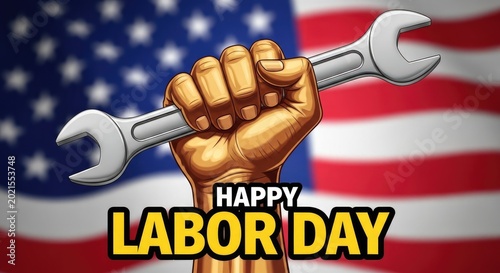 Labor day illustration hand holding wrench with american flag background