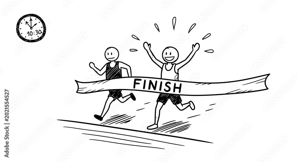 Fototapeta premium Determined stick figures running and joyfully crossing the 'FINISH' line in a race, celebrating achievement on an isolated white background.