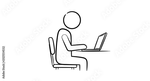 Vászonkép Focused stick figure person sitting at a desk and working diligently on a laptop computer, on an isolated white background