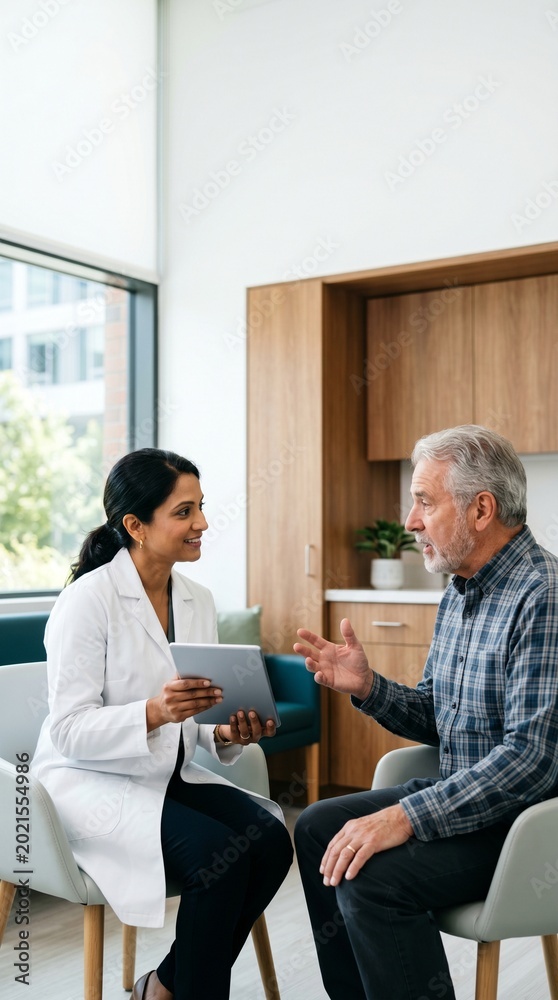 Obraz premium Female doctor consulting with senior male patient in modern clinic using digital tablet