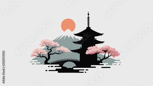 Japanese pagoda with cherry blossoms and mountain landscape