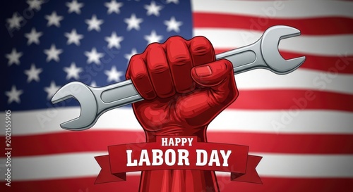 Labor day illustration hand holding wrenches with american flag background