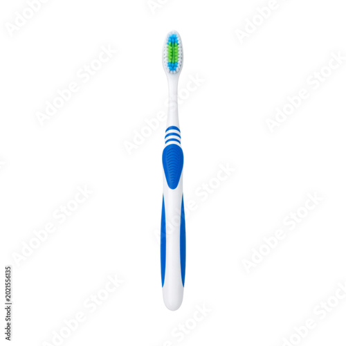 Modern toothbrush with blue and green bristles on transparent background