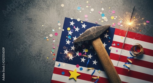 Labor day celebration american flag with tools and festive decorations