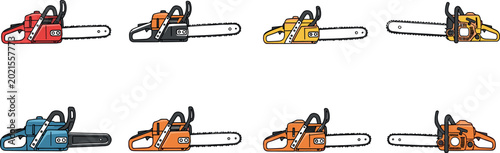 Foto Colorful professional gasoline chainsaw tool vector illustration set isolated on