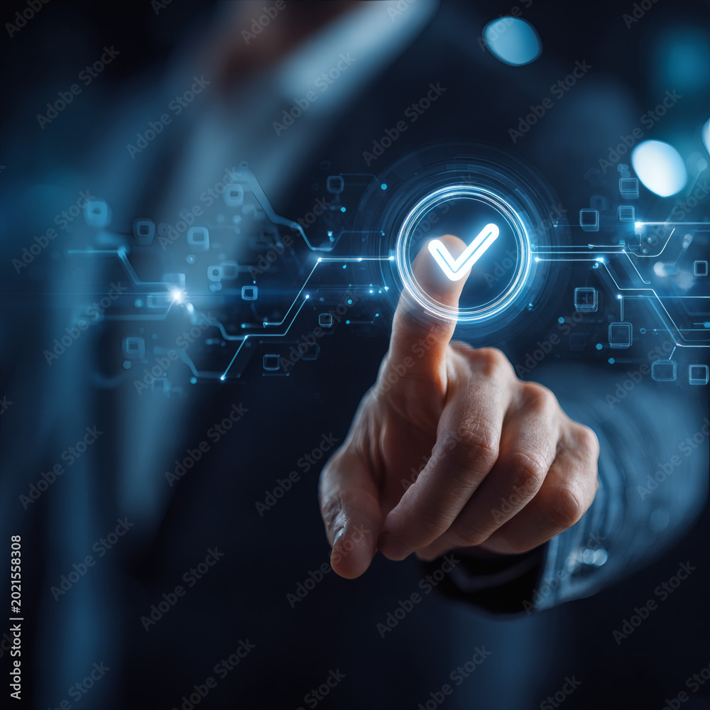 Fototapeta premium Businessman hand touching digital screen with check mark in circle, technology network interface.
