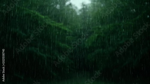Moody rainstorm over dense green forest, heavy rainfall in dark wilderness, atmospheric nature weather background video