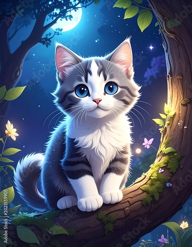 Whimsical Kitten Sitting on Tree Branch.