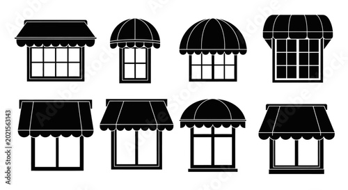 Bild auf Leinwand Storefront awnings set black silhouettes on white background