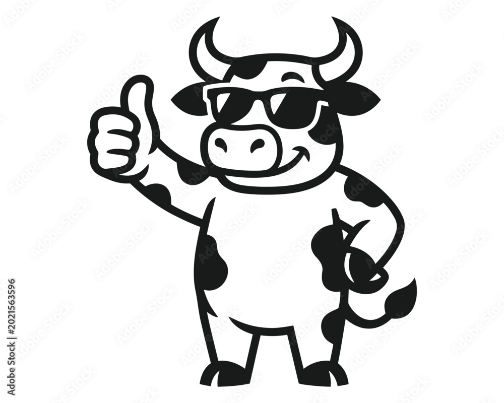 Fototapeta premium Funny animal black and white vector illustration of a cool cow giving thumbs up