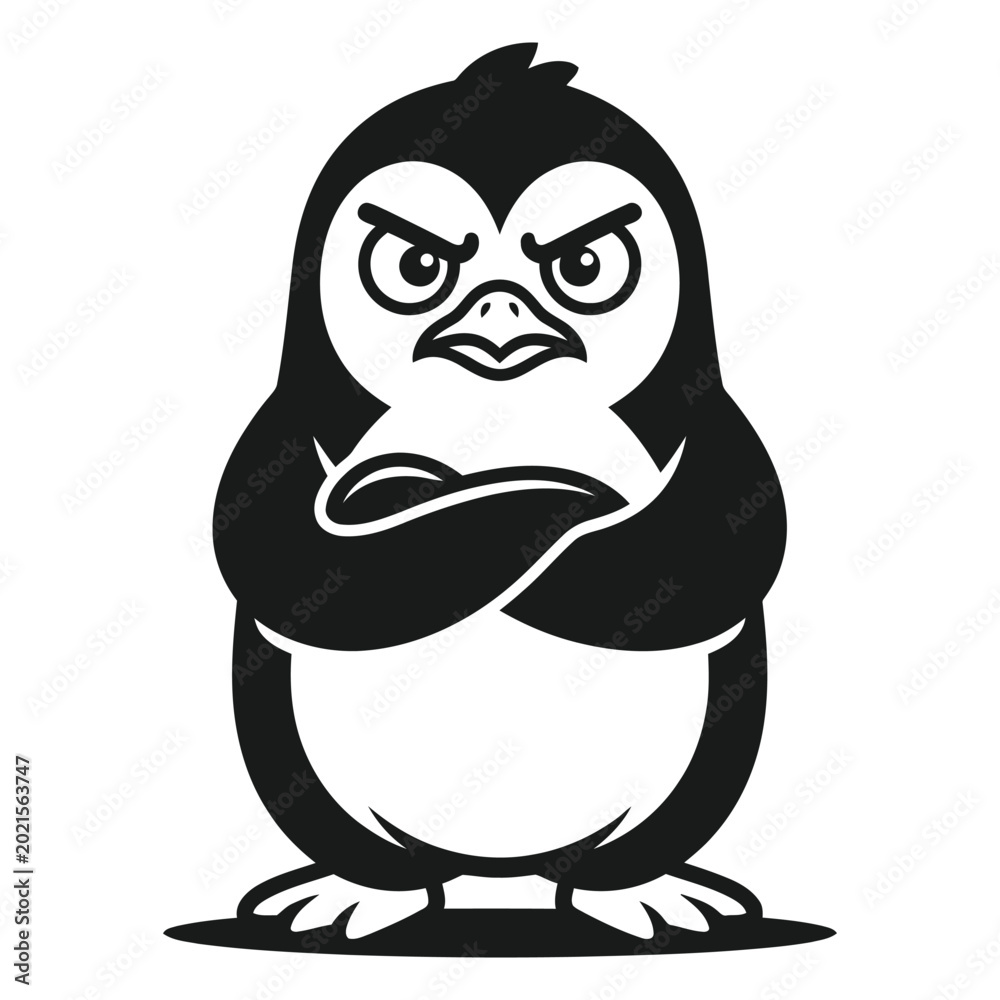 Fototapeta premium Funny animal black and white vector illustration angry penguin cartoon character with crossed arms