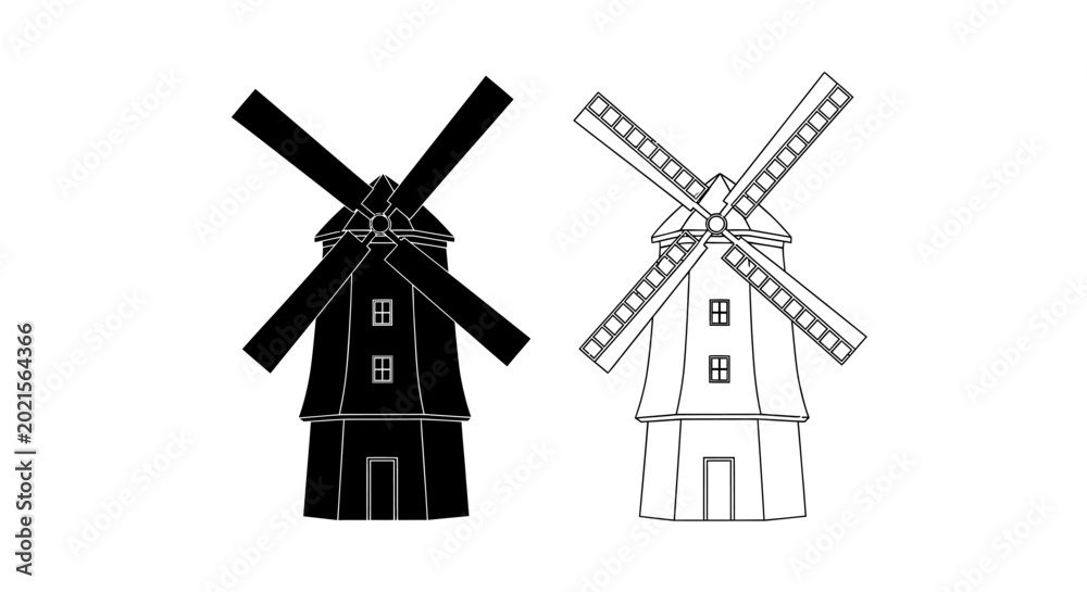 Fototapeta premium Windmill silhouette and line drawing on a white background