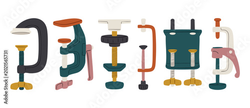 Schilderij op canvas Metal C-Clamps and Woodworking Clamps Set, Collection of Industrial Hand Tools f