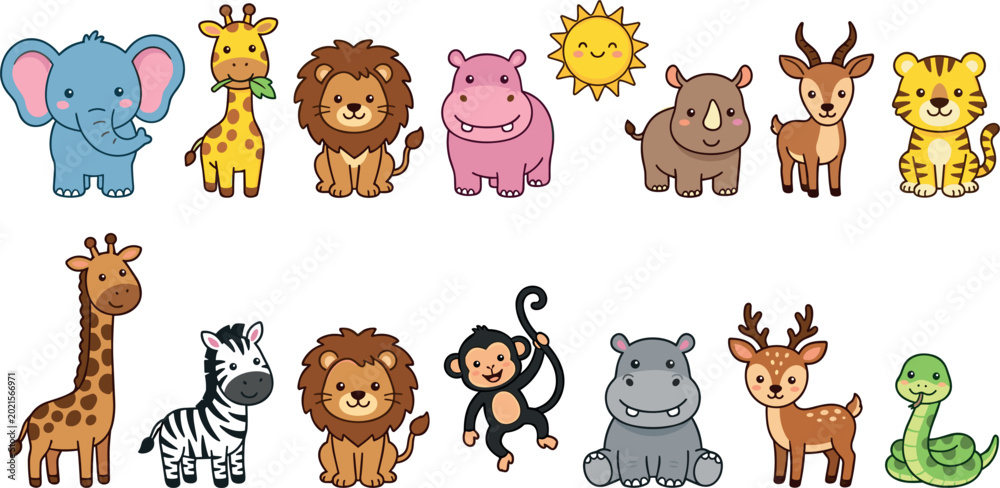 Fototapeta premium Cute safari jungle wild animals collection set isolated on white background flat vector illustration