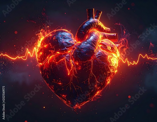 Heart with glowing red electrocardiogram.