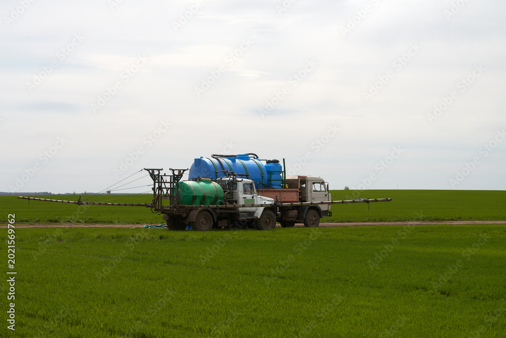 Fototapeta premium Treating winter wheat seedlings with pesticide. A self-propelled sprayer and a tanker truck in the field.