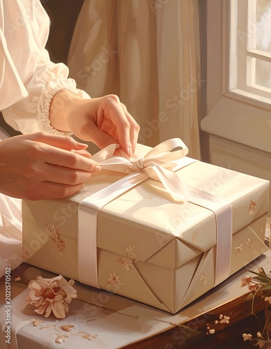 Woman tying ribbon on gift box.