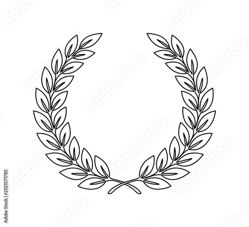 Laurel wreath crown symbol of victory with detailed overlapping leaves, minimalist elegant black line art illustration, isolated