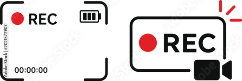 Foto Video Recording Icon Set with REC Symbol and Movie Camera Silhouette