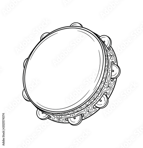 Tambourine with a drumhead surface and a decorative pattern along the frame, minimalist elegant black line art illustration,