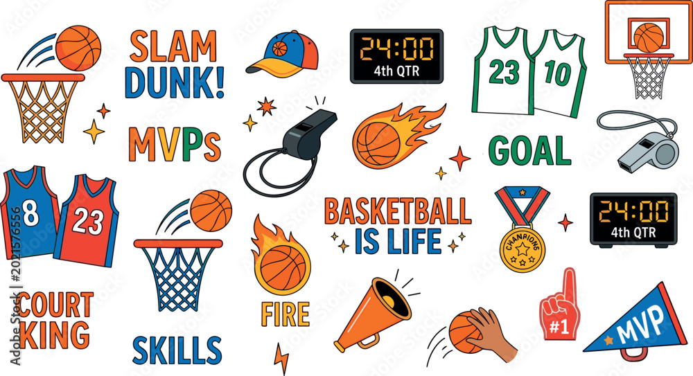 Fototapeta premium Professional basketball game element collection, sports championship stickers with ball, hoop, medal, and motivational quotes on transparent background