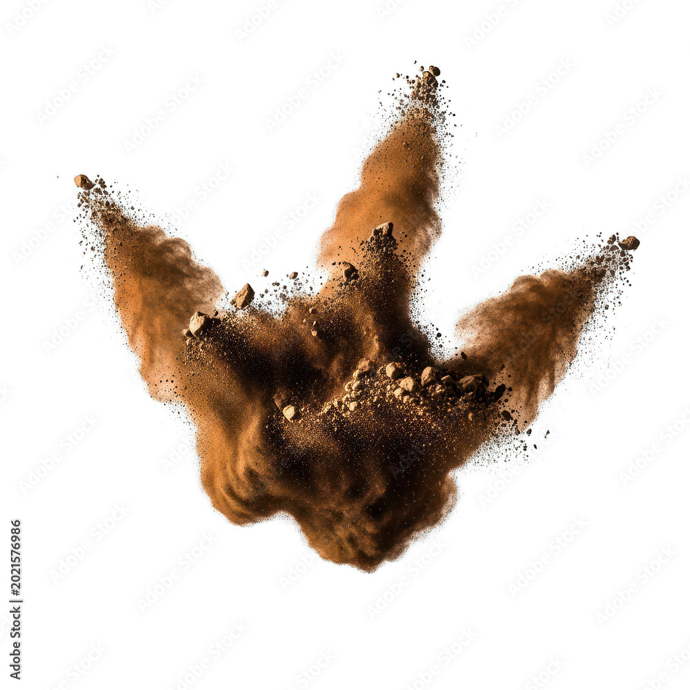 Fototapeta premium Explosive earthy powder burst on white