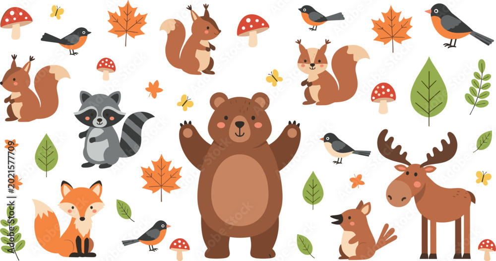 Fototapeta premium Whimsical woodland creatures collection with bear fox raccoon and moose for kids autumn design