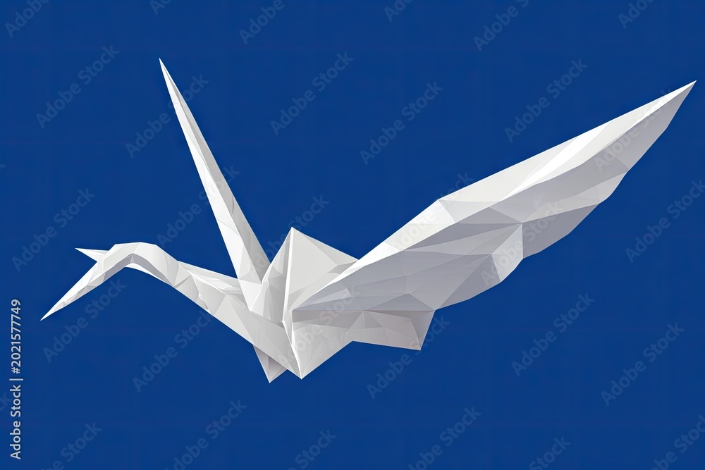 Obraz premium White origami crane in flight against a vibrant blue background