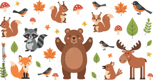Whimsical woodland creatures collection with bear fox raccoon and moose for kids autumn design