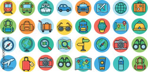Obraz na płótnie Collection of travel and adventure icons including world landmarks, mobile booki
