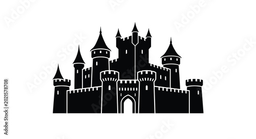 Foto Black silhouette of a medieval fantasy castle with towers and battlements