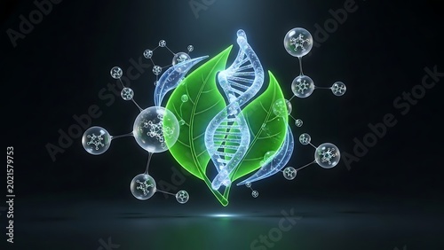 Glowing digital dna helix structure intertwined with vibrant green leaves and floating chemical molecule spheres in this scientific research photograph