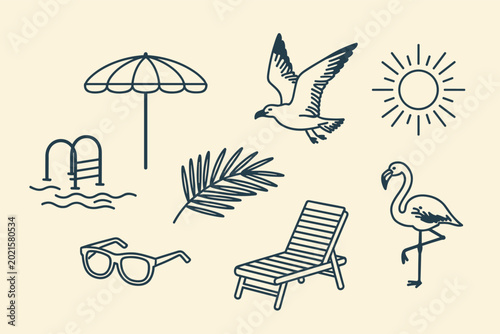 Collection of simple line summer vacation including a flamingo sun beach chair and pool holiday travel