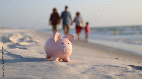 Piggy Bank on Beach with Family in Background: Concept for Vacation Savings, Future Planning, and Financial Goals for Travel