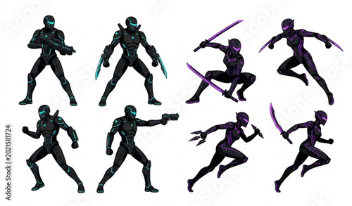 Fotografie Futuristic Humanoid Battle Droid and Cybernetic Ninja Vector Icon Set