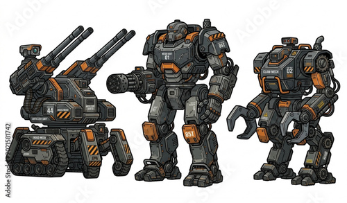 Fotografie Heavy Industrial Battle Mech and Cyborg Warrior Vector Collection for Gaming