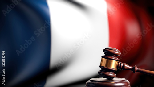 French Court Gavel Before Blurred Tricolor Flag Scene