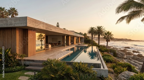 Modern luxury villa with infinity pool on rocky ocean coast at sunset