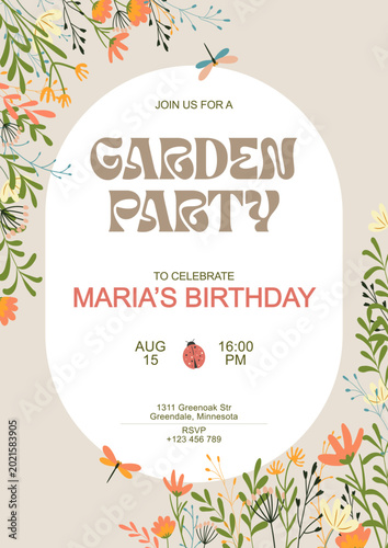 Retro garden birthday invitation card. Vector template with floral border and arch frame