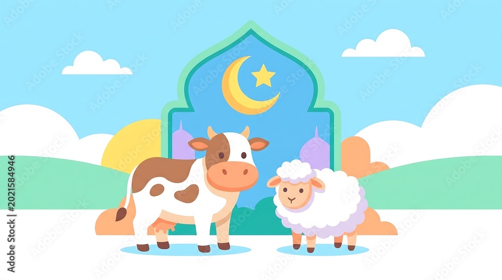 Fototapeta premium Eid alAdha Celebration Adorable Cow and Sheep Illustration with Mosque and Crescent.