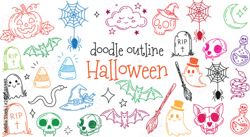Cuadro en lienzo Happy Halloween Brush art, Doodle Hand Drawn brush set.