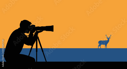 Foto Wildlife Photographer Silhouetted, Capturing Deer with Telephoto Lens