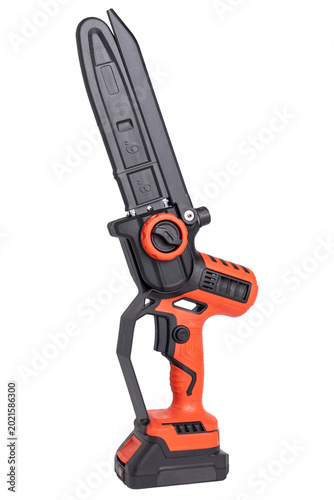 Handheld cordless electric mini chainsaw on transparent background