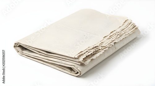 Folded beige linen towel with textured weave isolated on white background
