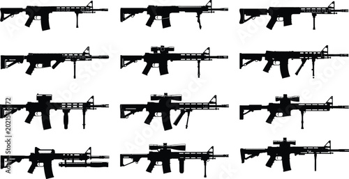 Konstfotografi Cartoon rifle silhouette icons with variations and attachments representing weap