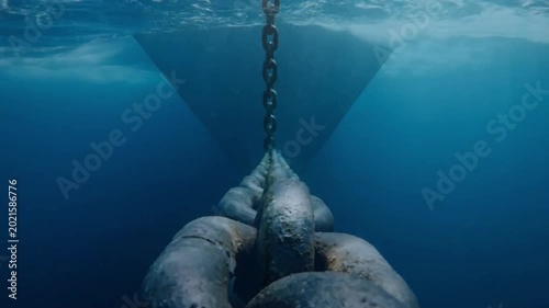 Close-Up of Ship’s Anchor Chain Descending into Deep Blue Water