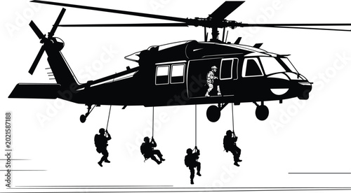 Foto Vector illustration of helicopter silhouette with soldiers rappelling on ropes d