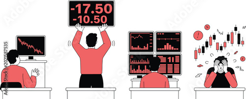 Bild auf Leinwand Vector illustration of stressed traders at desks with monitors showing financial