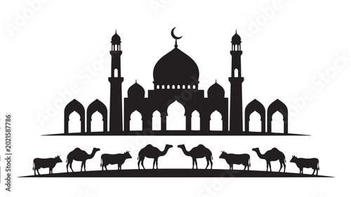 Quadro su tela Mosque silhouette with domes and minarets and camels cows walking in front featu
